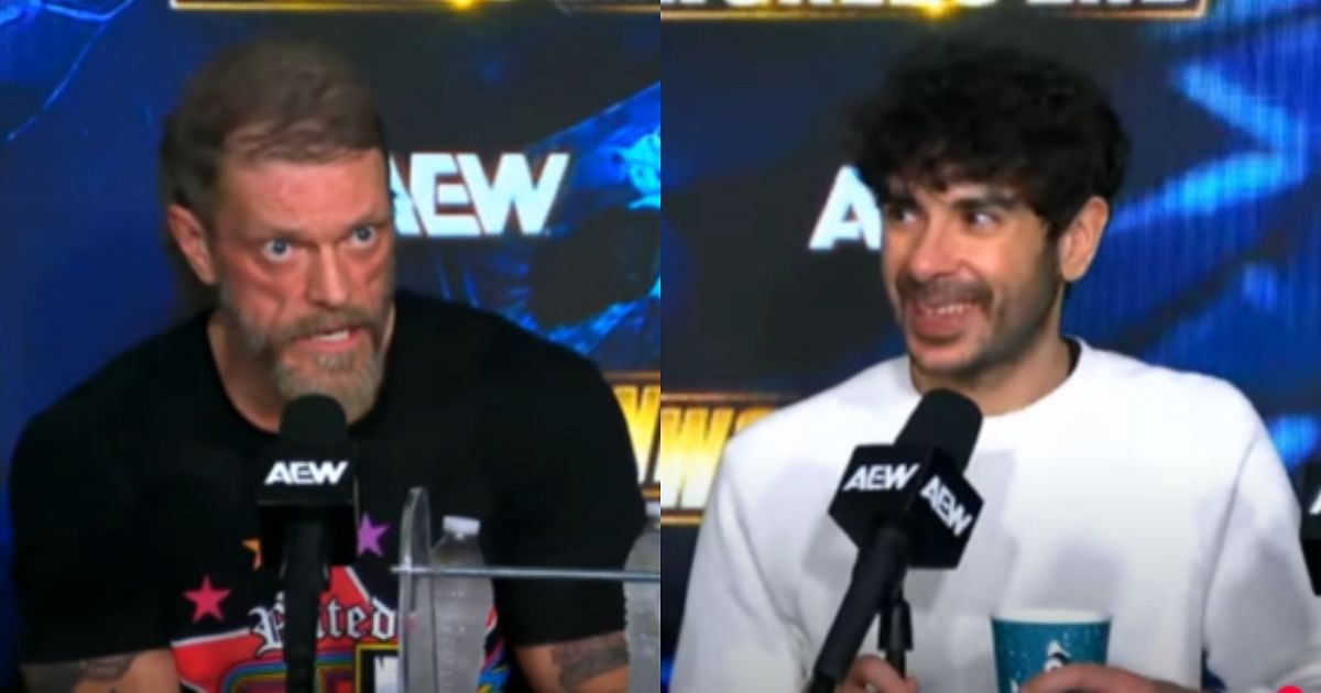 Adam Copeland and Tony Khan at 2024 AEW Worlds End post show media scrum [Source: AEW on YouTube]