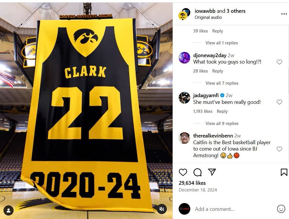 Jada Gyamfi drops a cheeky comment on Caitlin Clark&#039;s jersey retirement news. IG image via @iowawbb