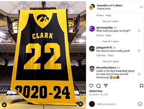 Jada Gyamfi drops a cheeky comment on Caitlin Clark's jersey retirement news. IG image via @iowawbb
