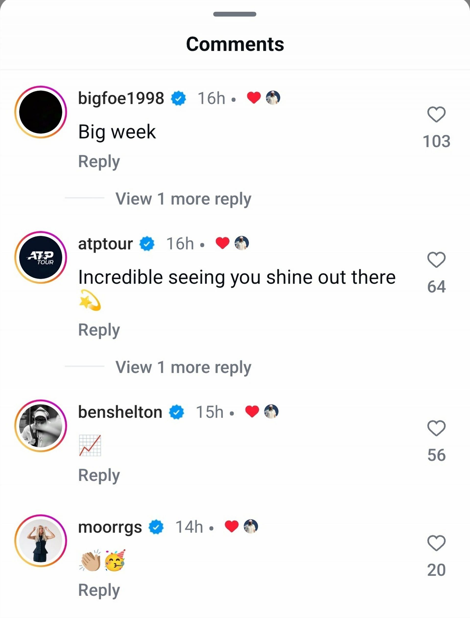 Screen grab of Ben Shelton, Morgan Riddle &amp; Frances Tiafoe&#039;s comments [Image Source: Instagram]