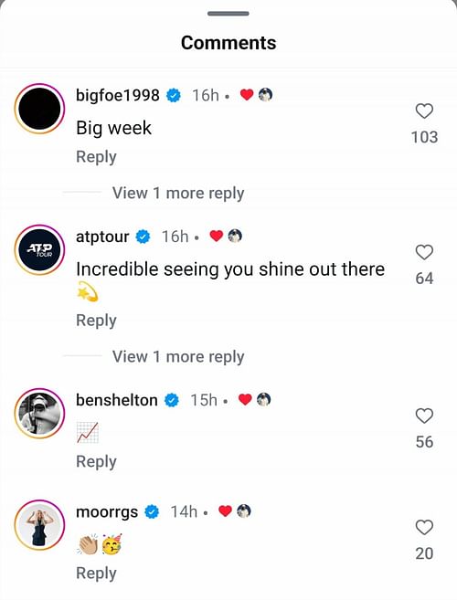 Screen grab of Ben Shelton, Morgan Riddle & Frances Tiafoe's comments [Image Source: Instagram]