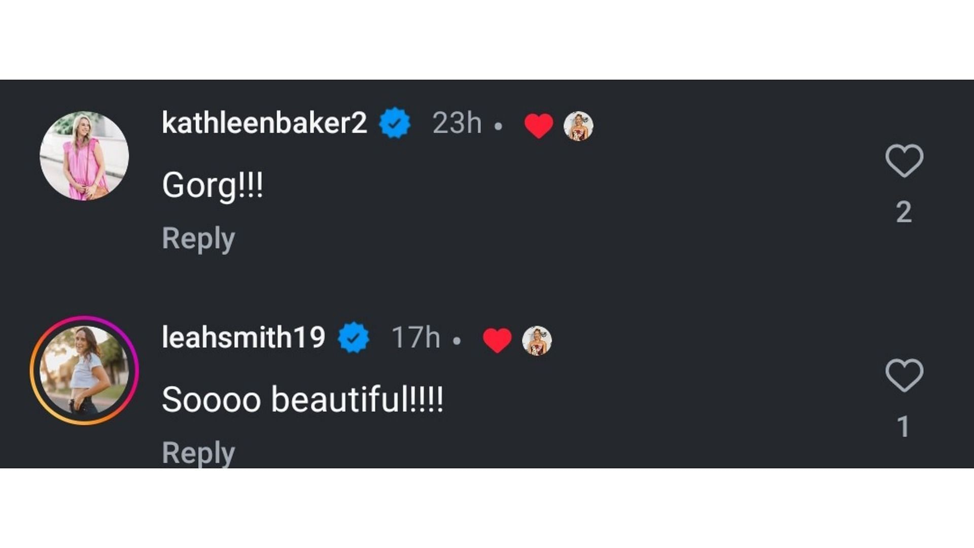 Baker and Leah Smith&#039;s comment (Image via: Weitzeil&#039;s Instagram)