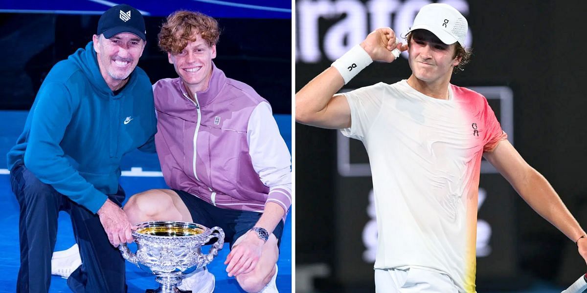 Jannik Sinner with his coach Darren Cahill (L) and Joao Fonseca (R) (Image Source: Getty)