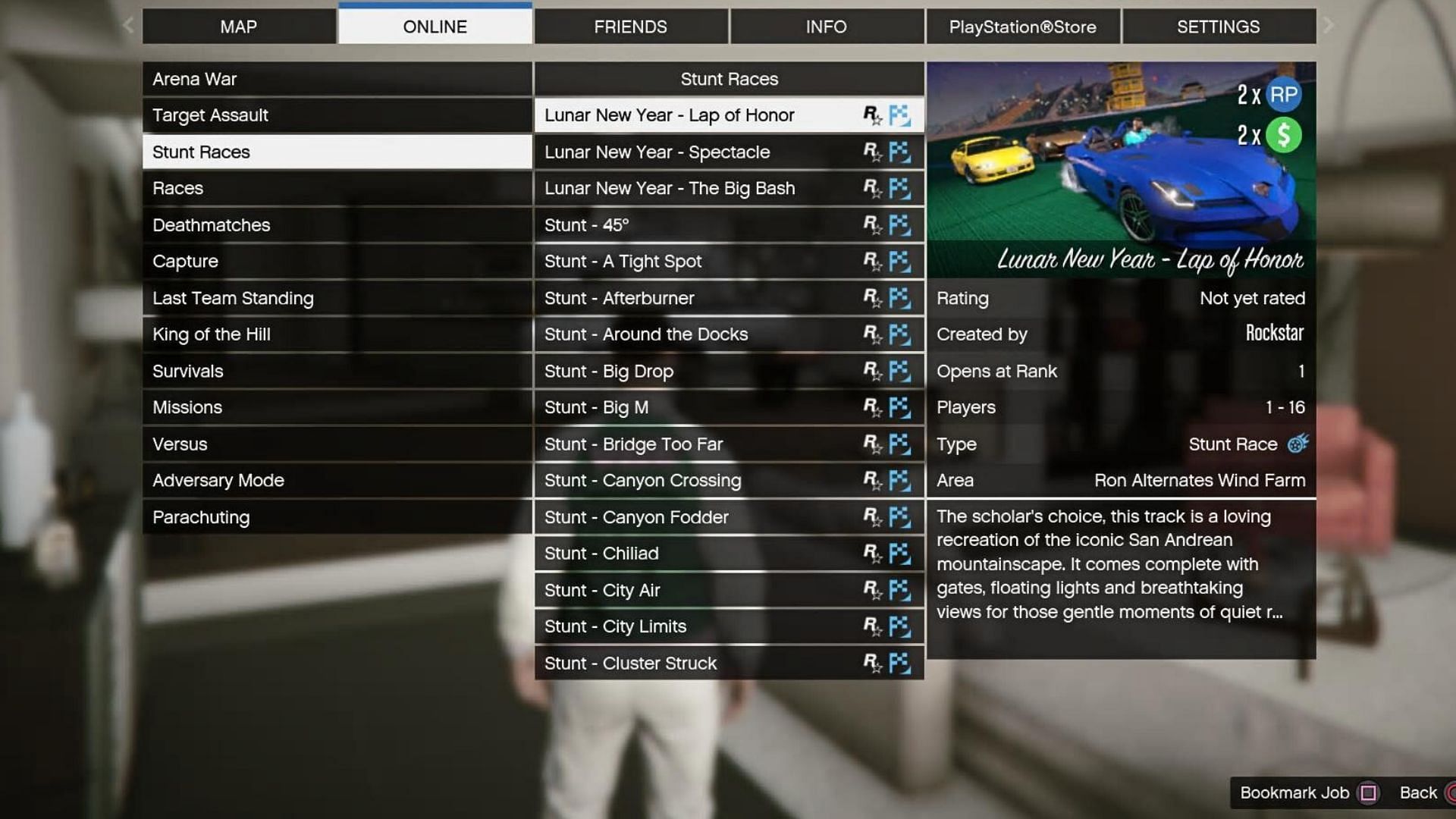 New GTA 5 Online Lunar New Year Stunt Races can be started from the pause menu (Image via Rockstar Games)