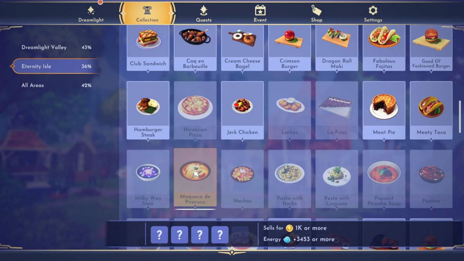 Moqueca de Pirorucu can restore 3,453+ energy and sells for more than 1,000 Star Coins (Image via Gameloft)