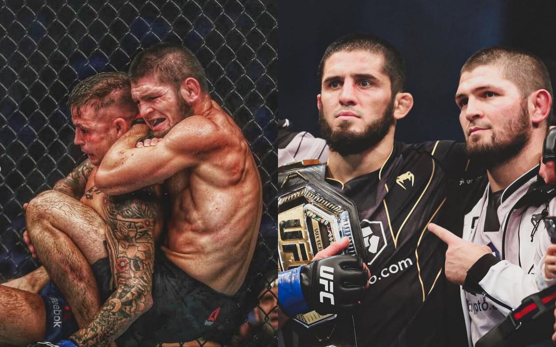 Khabib Nurmagomedov compares his win over Dustin Poirier (left) to coaching Islam Makhachev (right) against 