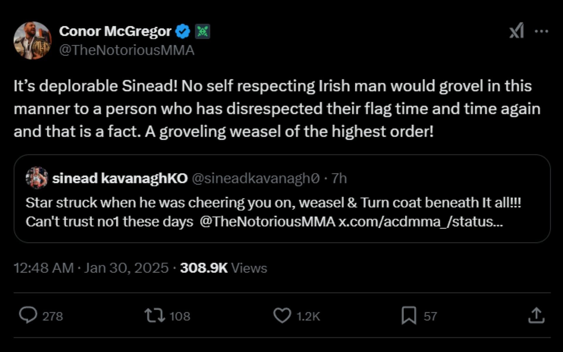 Conor McGregor&#039;s comment [Screenshot courtesy: @TheNotoriousMMA on X]