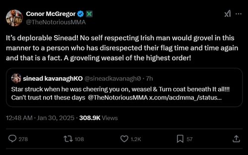 Conor McGregor's comment [Screenshot courtesy: @TheNotoriousMMA on X]