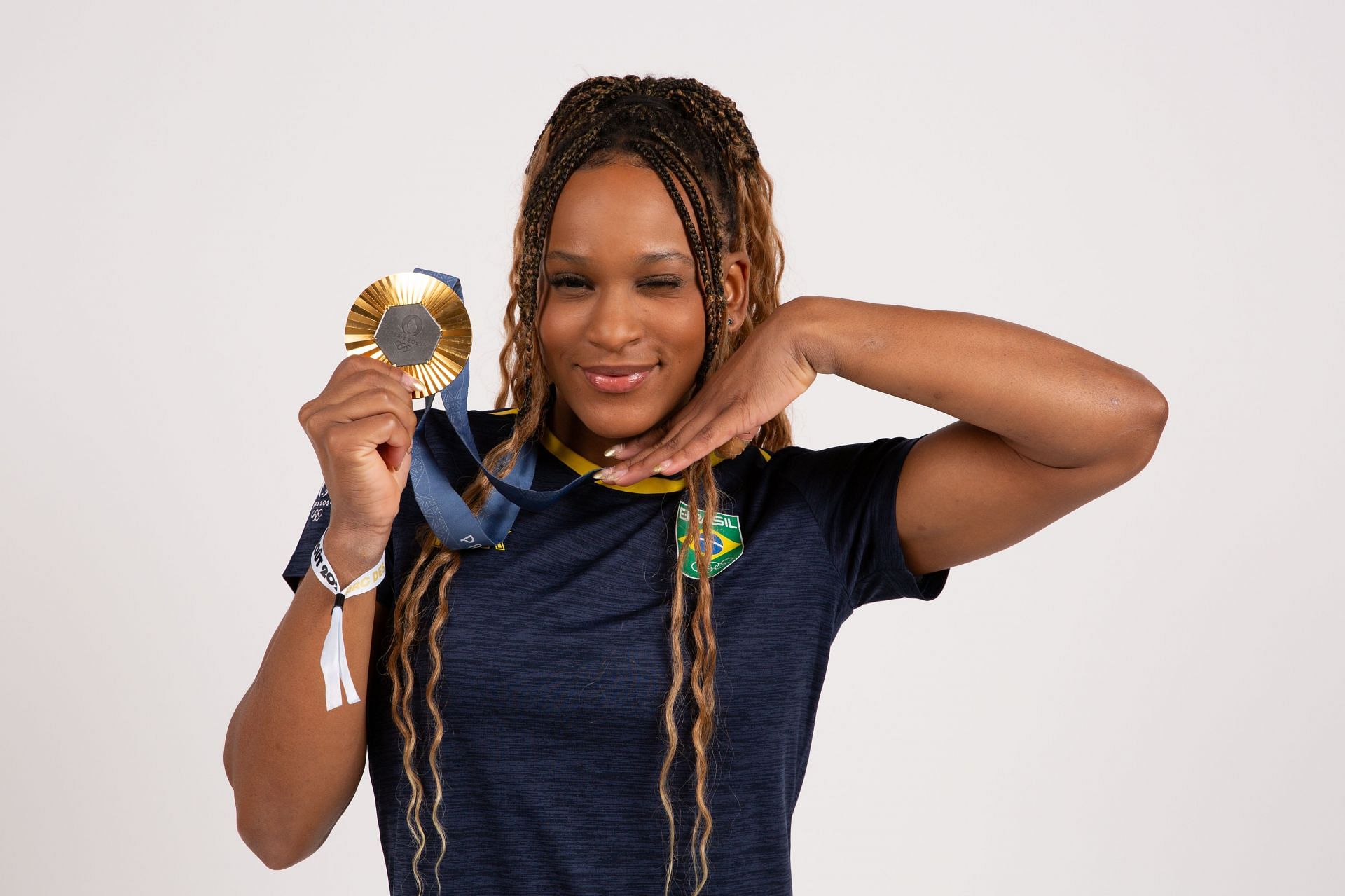 Olympic Games Paris 2024: Rebecca Andrade poses with her gold medal (Source: Getty)