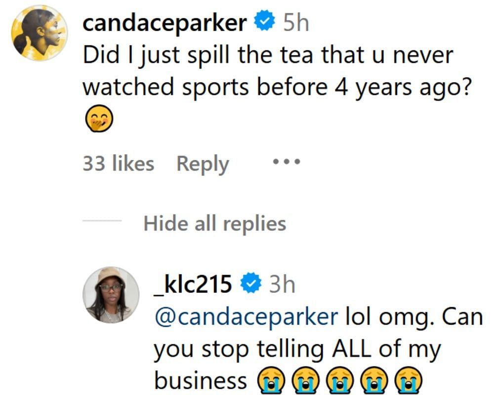 Candace Parker commented on Kahleah Copper&#039;s IG post. (Photo: Screengrabbed from @_klc215 on IG)