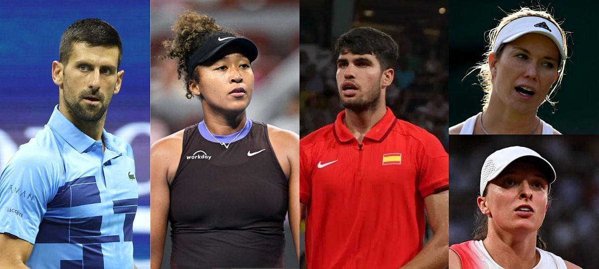 (Left to Right) Novak Djokovic, Naomi Osaka, Carlos Alcaraz, Danielle Collins (Top Right), Iga Swiatek (Bottom Right) [Image source: Getty]