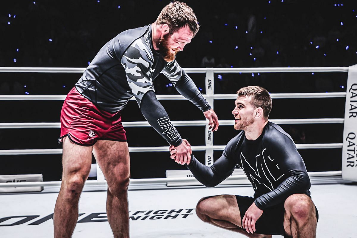 Dante Leon shakes hands with Tommy Langaker | Image credit: ONE Championship