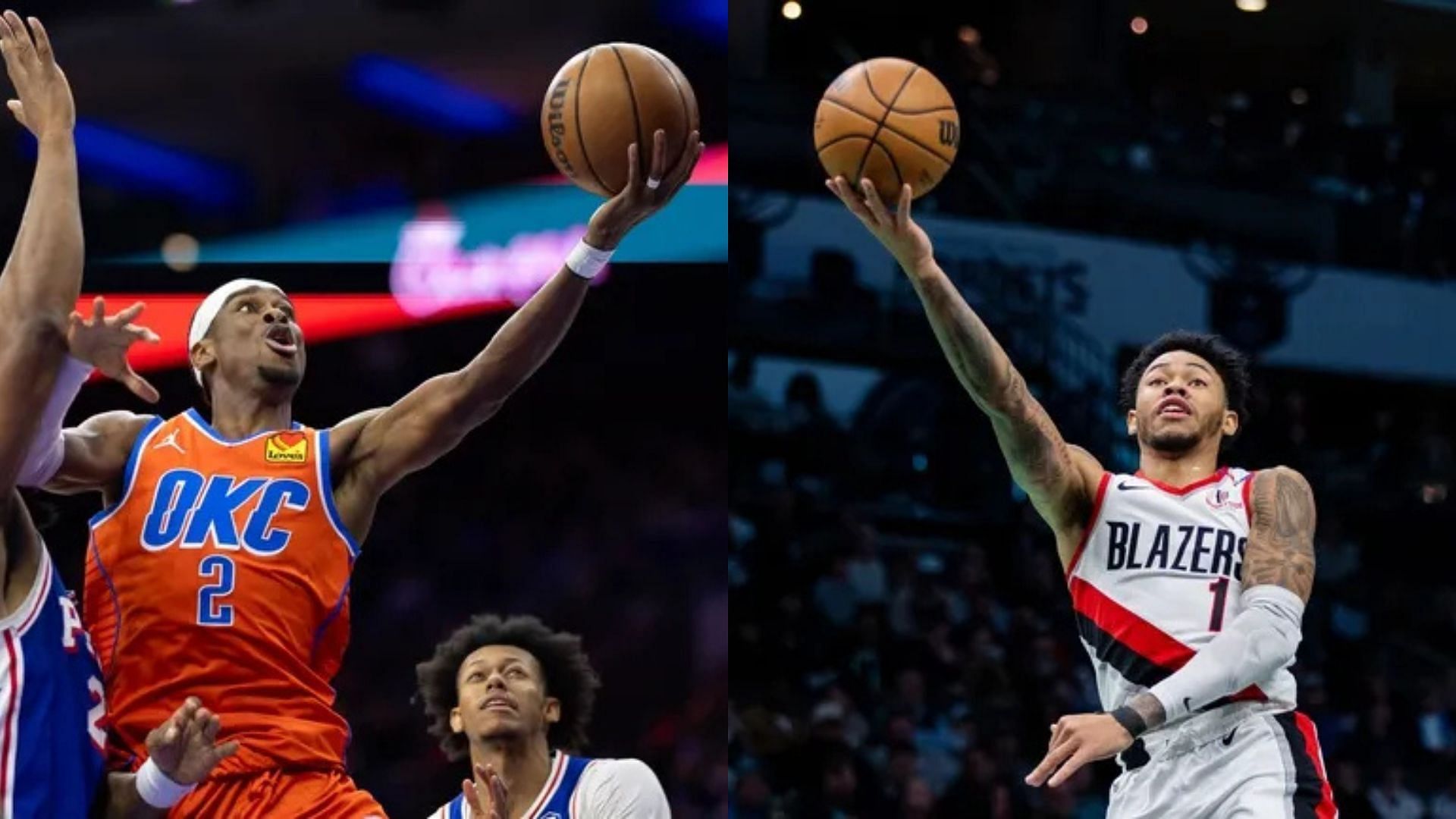 Guard Shai Gilgeous-Alexander of the OKC Thunder, guard Anfernee Simons of the Portland Trail Blazers. Photo Credits: Imagn