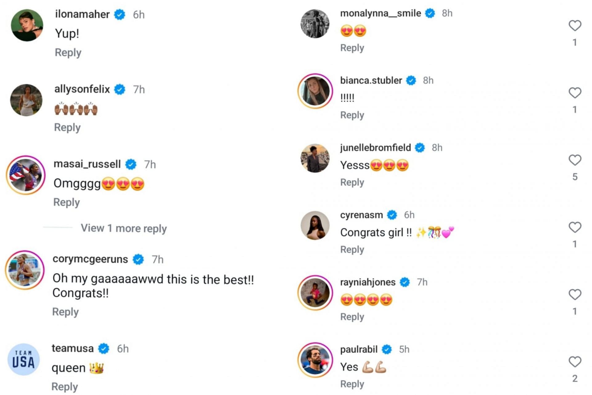 Screenshot of athletes&rsquo; reaction to Thomas&rsquo; Instagram post - Source: via @gabbythomas on Instagram