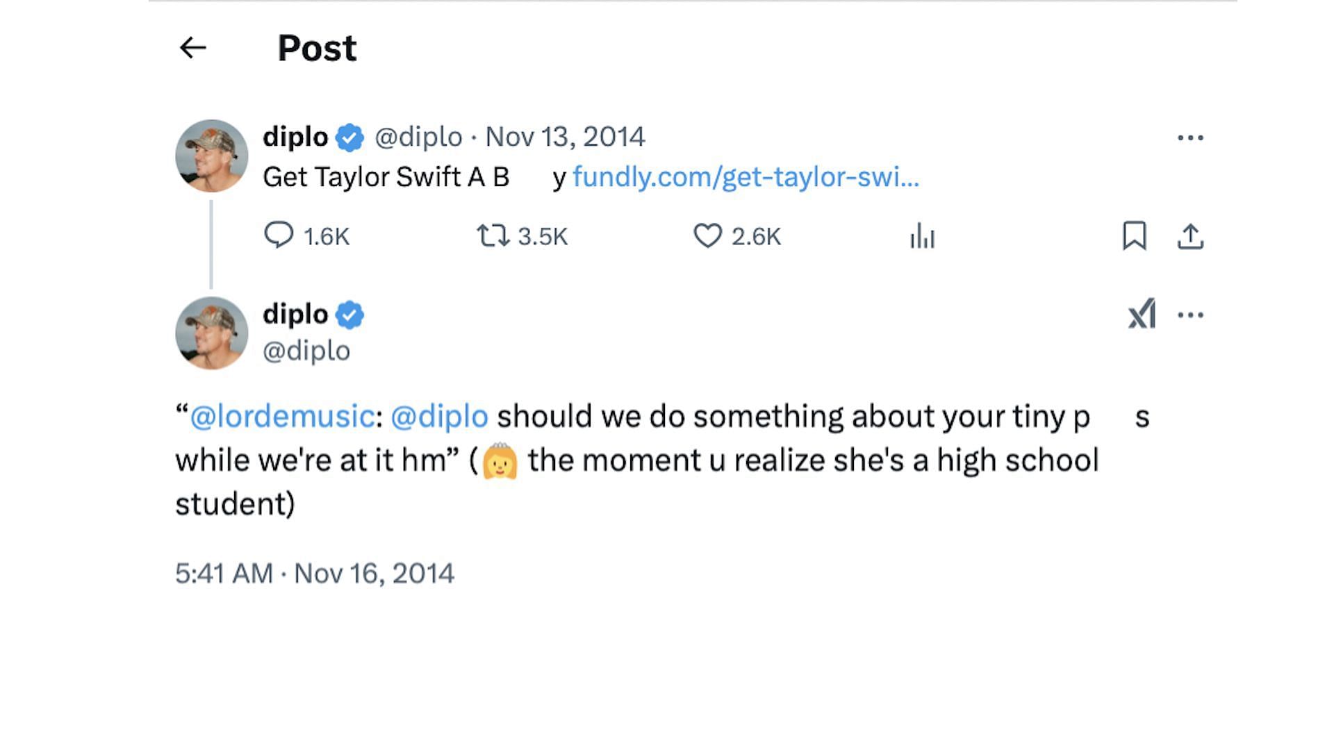 Screenshot of Diplo responding to Lorde&#039;s now-deleted clapback posted to Twitter on November 16, 2014 (Image via X/@diplo)