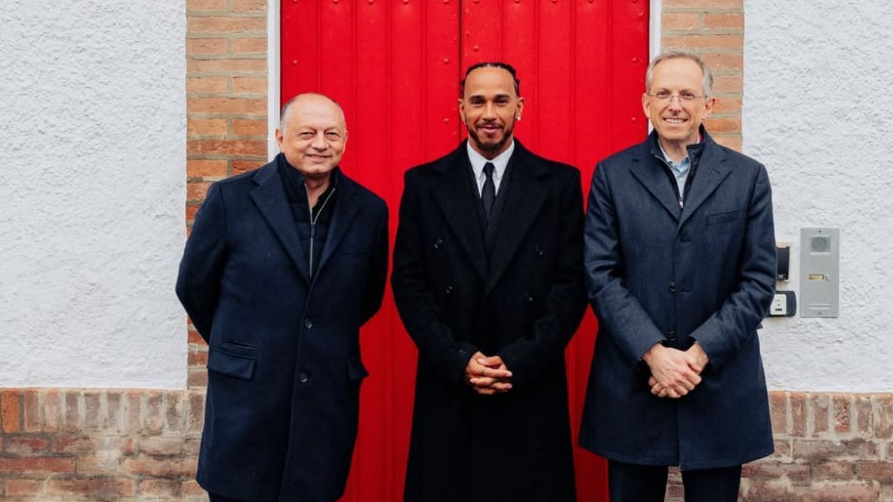 Lewis Hamilton (center) outside Ferrari headquarters [Image Source: @lewishamilton/Instagram]