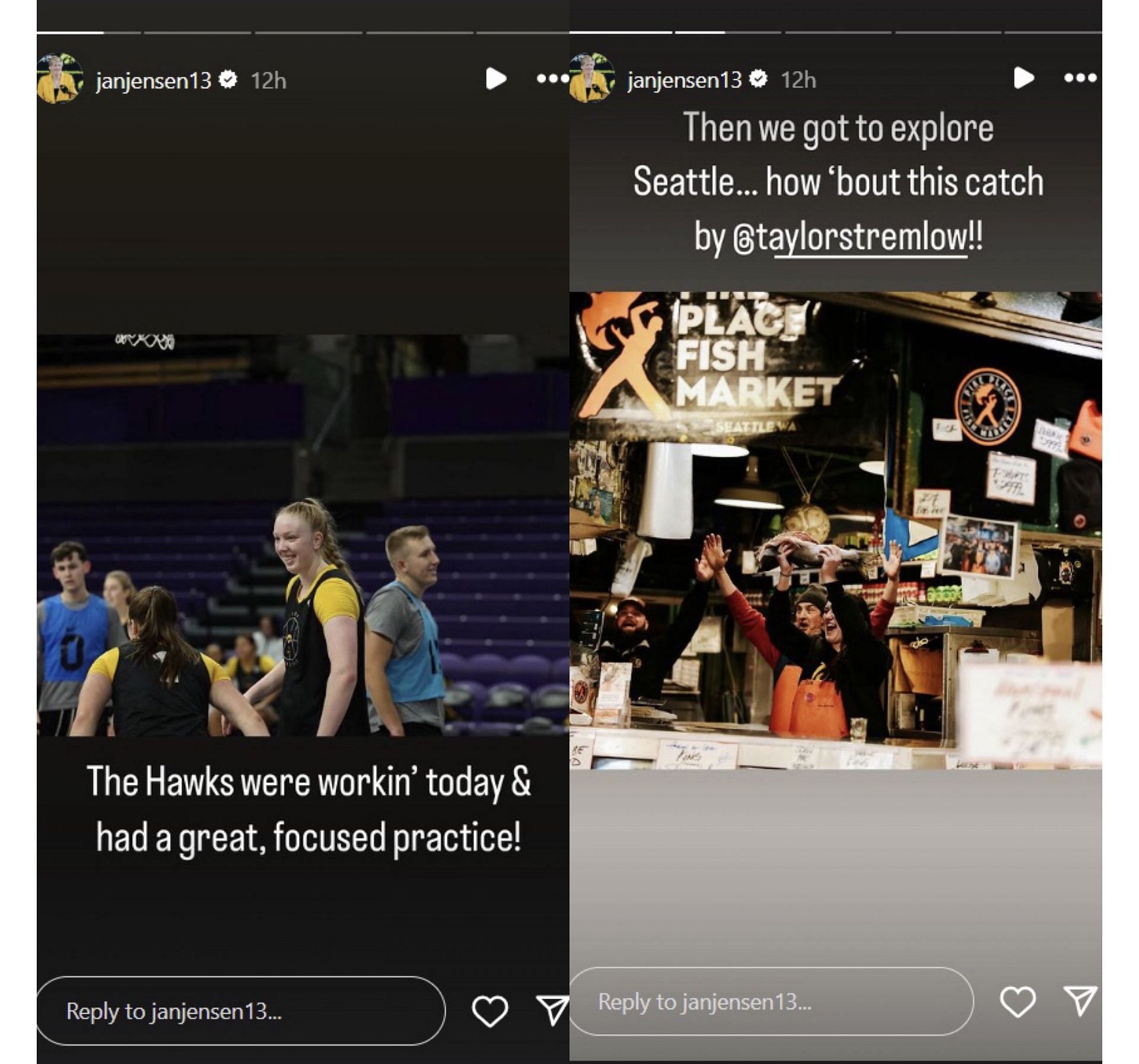 Jan Jensen shares photos of Iowa team exploring Seattle on IG story. Image via @janjensen13