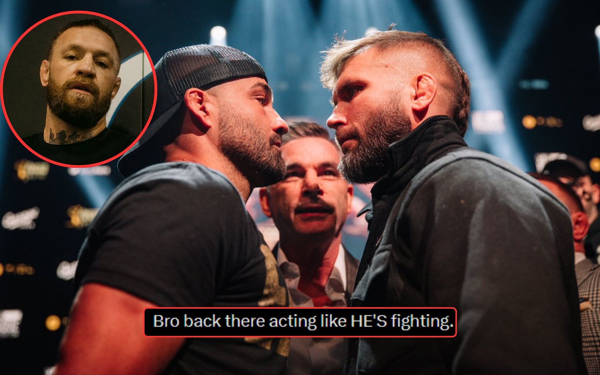 Conor McGregor&rsquo;s high-energy reaction to Eddie Alvarez and Jeremy Stephens BKFC staredown ignites social media frenzy. 