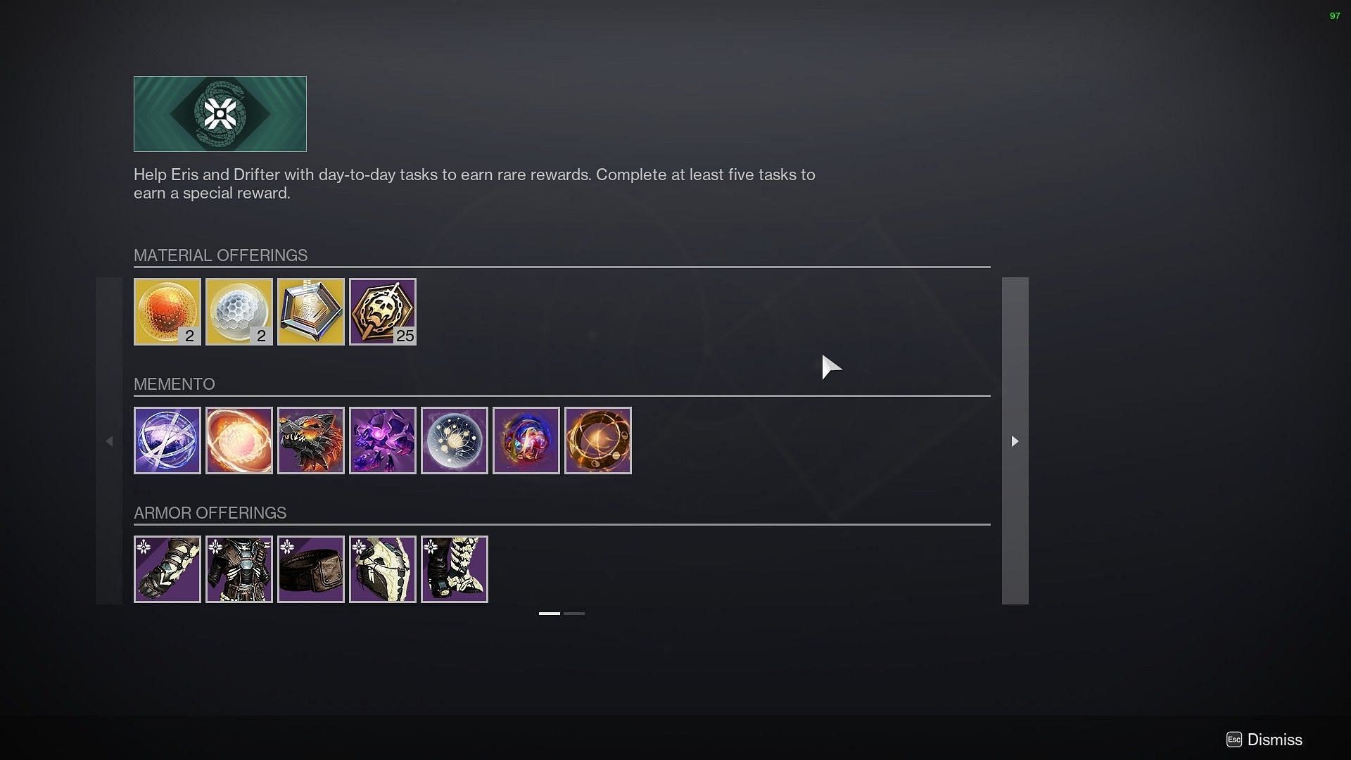 Rewards for Bento Tokens (Image via Bungie) 