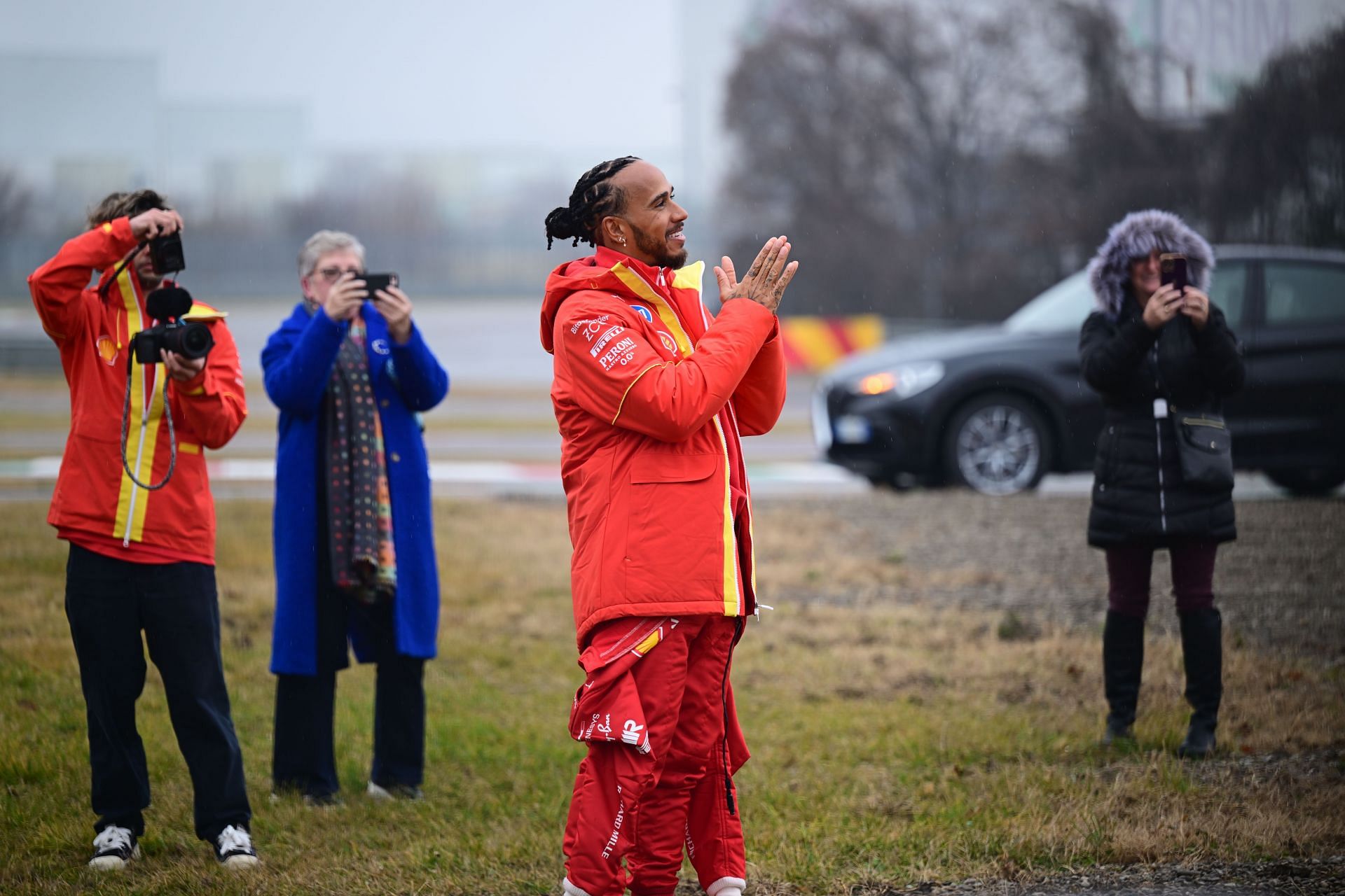 Lewis Hamilton drives a Scuderia Ferrari car for the first time at Circuito di Fiorano in Fiorano Modenese, Italy, on January 22, 2025. (Photo by Andrea Diodato/NurPhoto via Getty Images) - Source: Getty