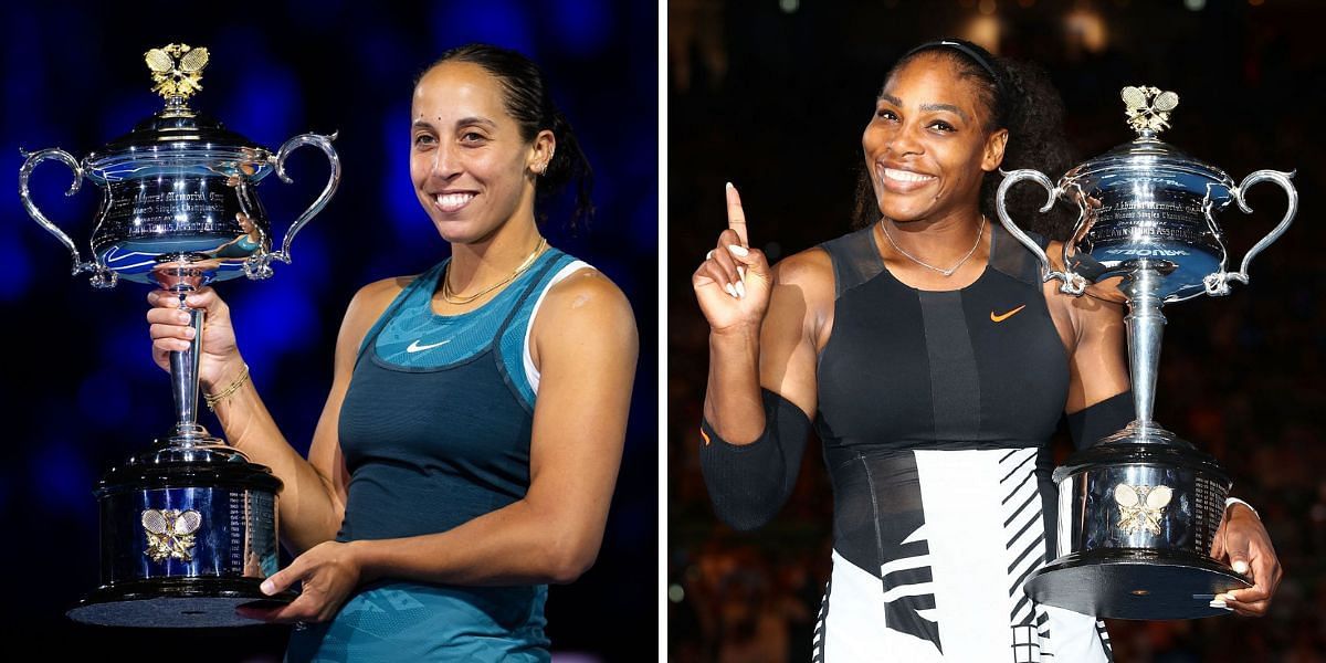 Madison Keys with her 2025 Australian Open trophy; Serena Williams with her 2017 Australian Open trophy - Source: Getty