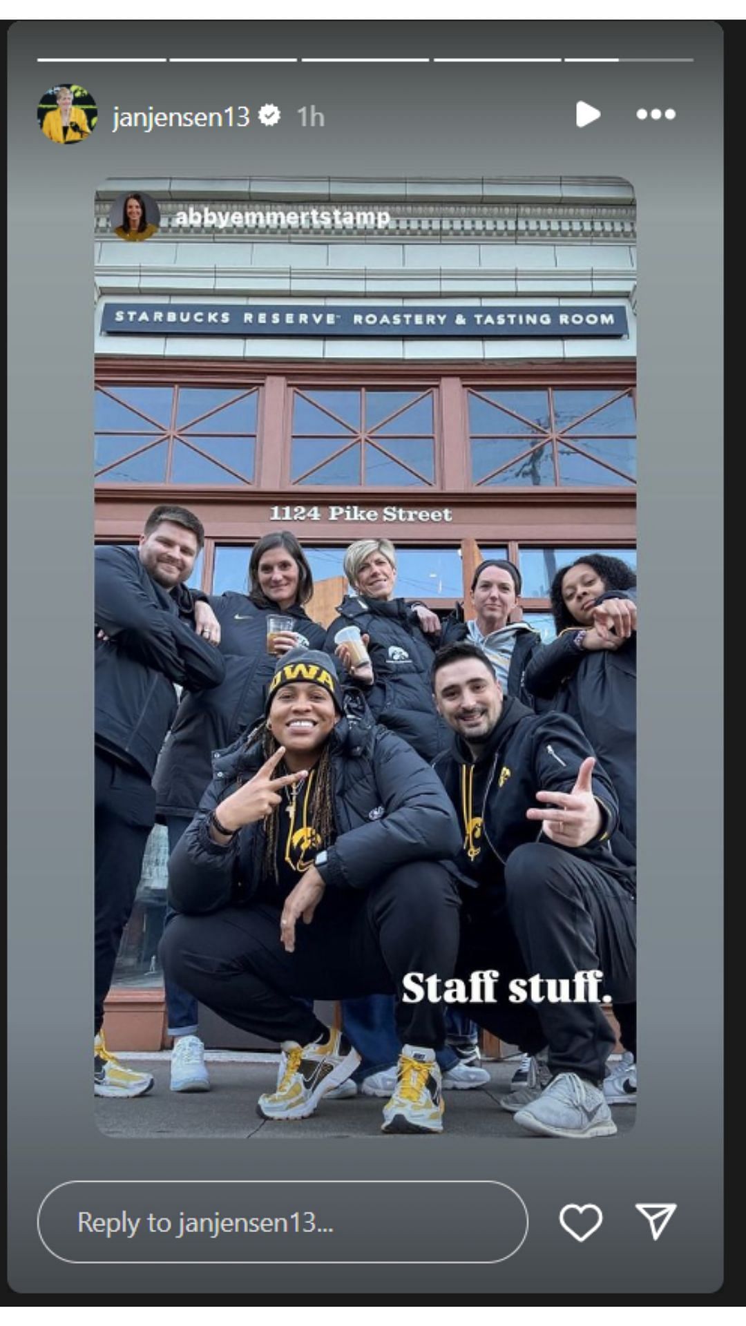 Jan Jensen shares photos of Iowa team exploring Seattle on IG story. Image via @janjensen13