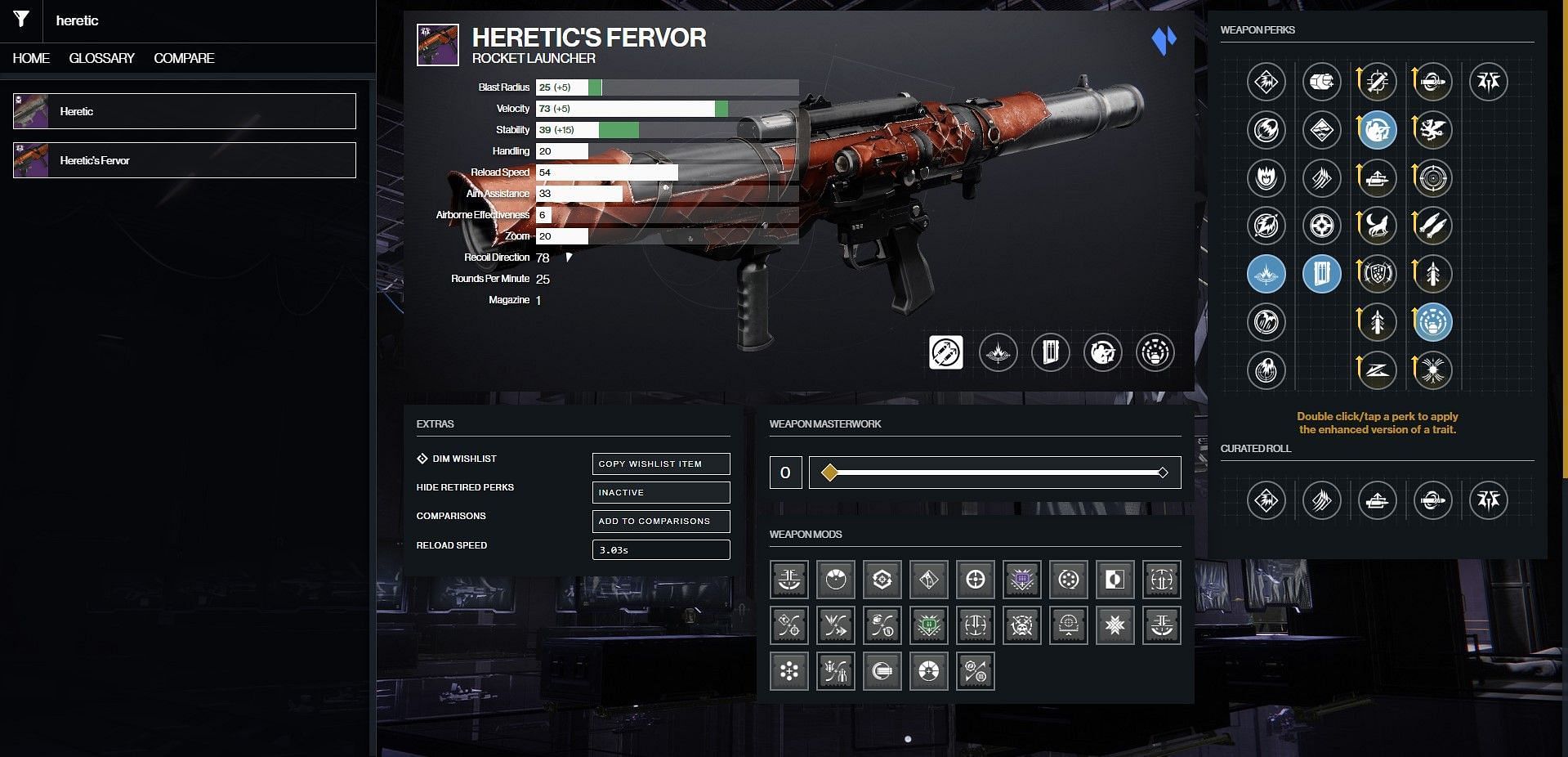 Heretic&#039;s Fervor PvE god roll (Image via Bungie/D2Gunsmith)