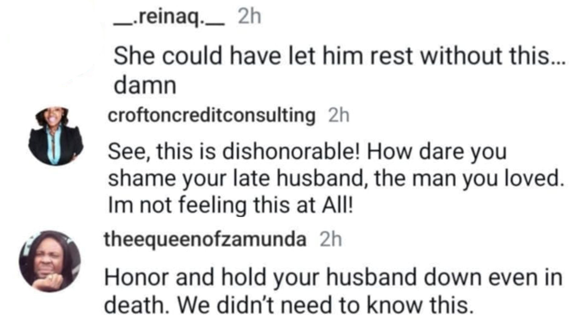 Netizens reacted as Holker opened up about her late partner (Image via Instagram / @__.reinaq.__ / @croftoncreditconsulting / @theequeenofzamunda)