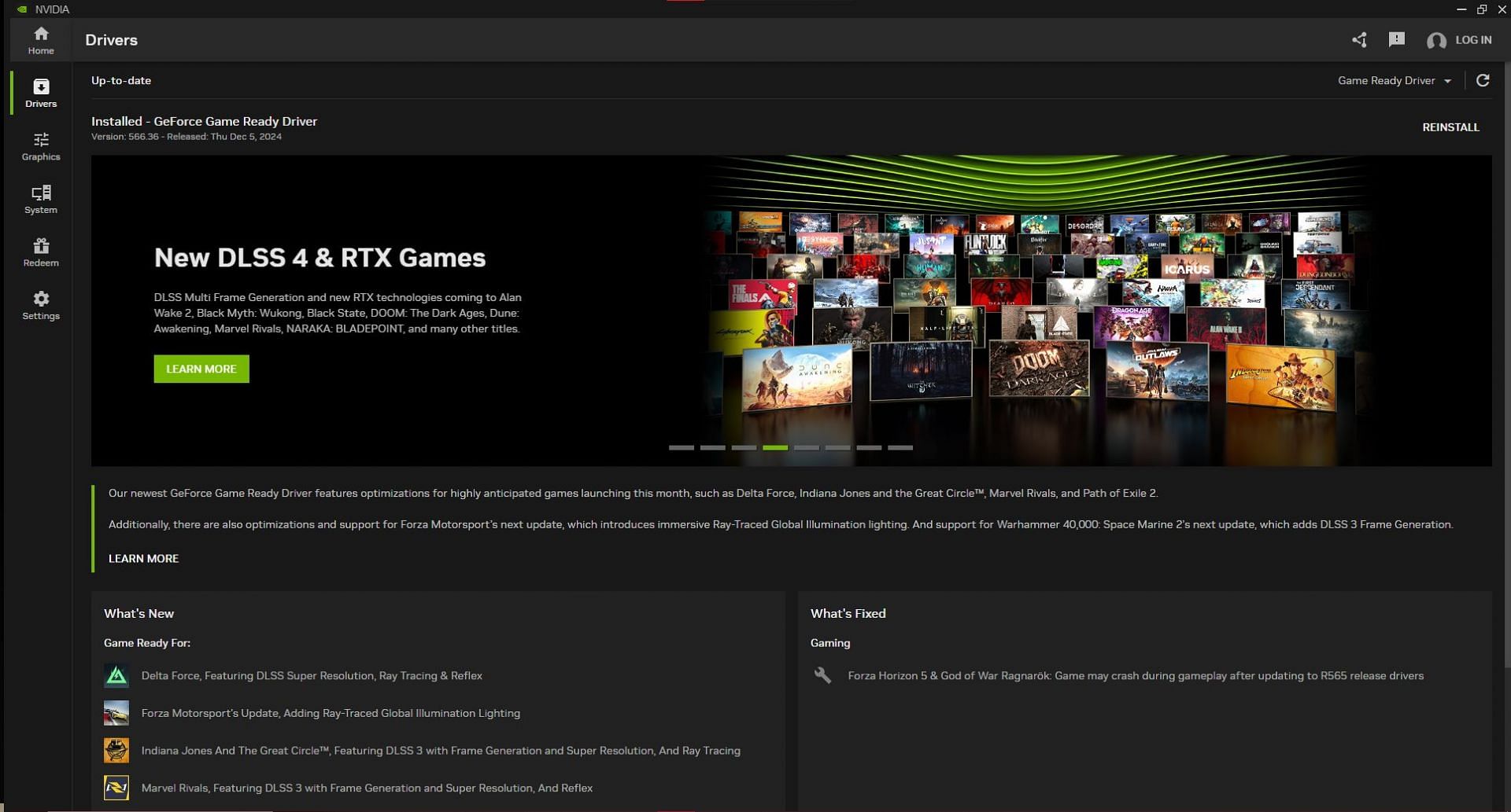 Graphic Driver updates on the NVIDIA app (Image via NVIDIA app)