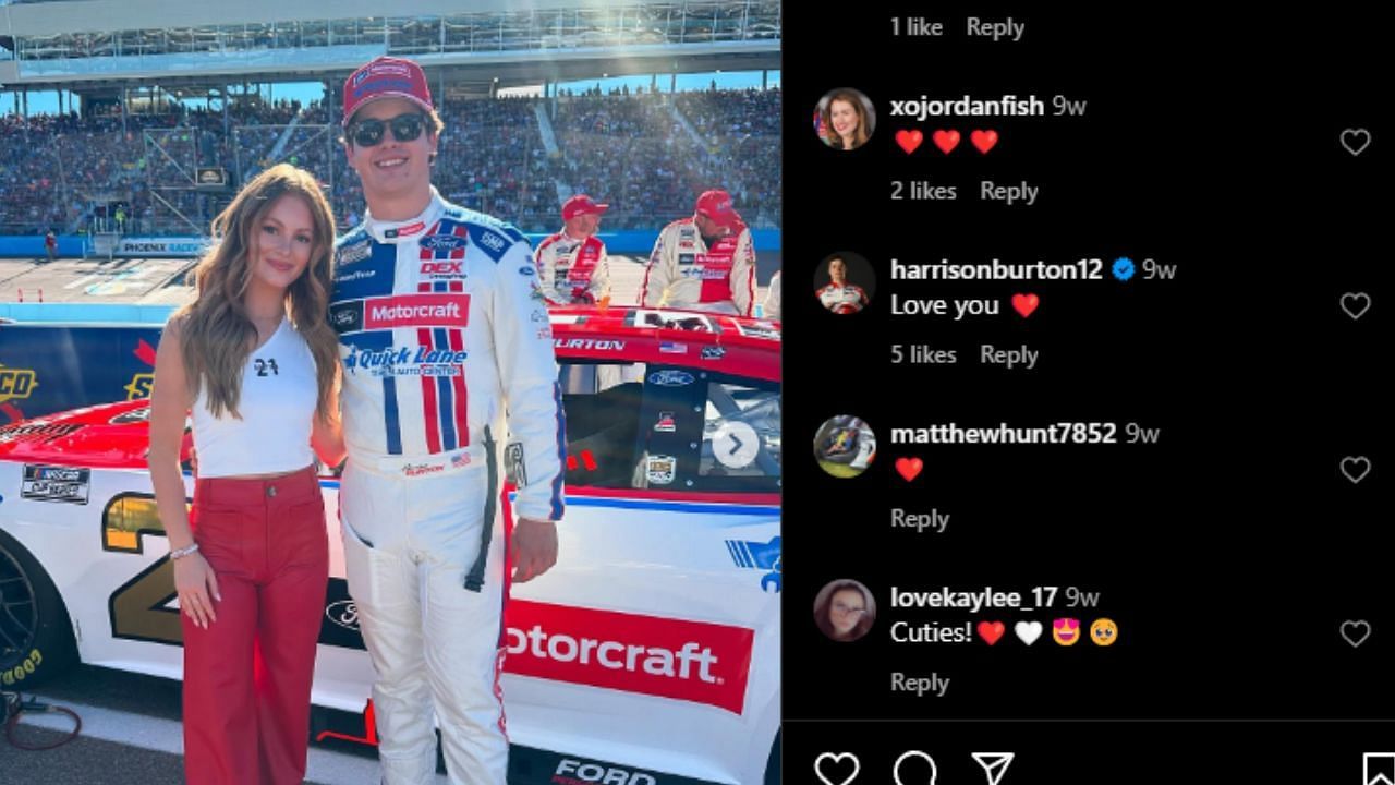 Harrison Burton&#039;s comment on Jenna Petty&#039;s Instagram post - Source: @harrisonburton12 via @jennapetty_ on IG