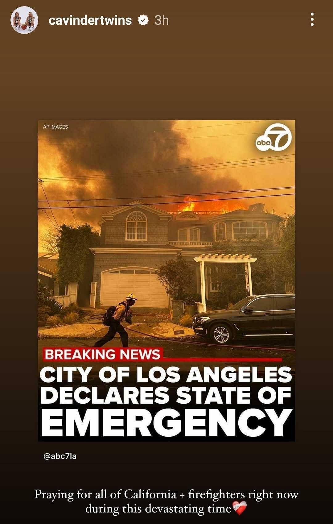 Cavinder twins react to California fires on social media. (Instagram/@cavindertwins)