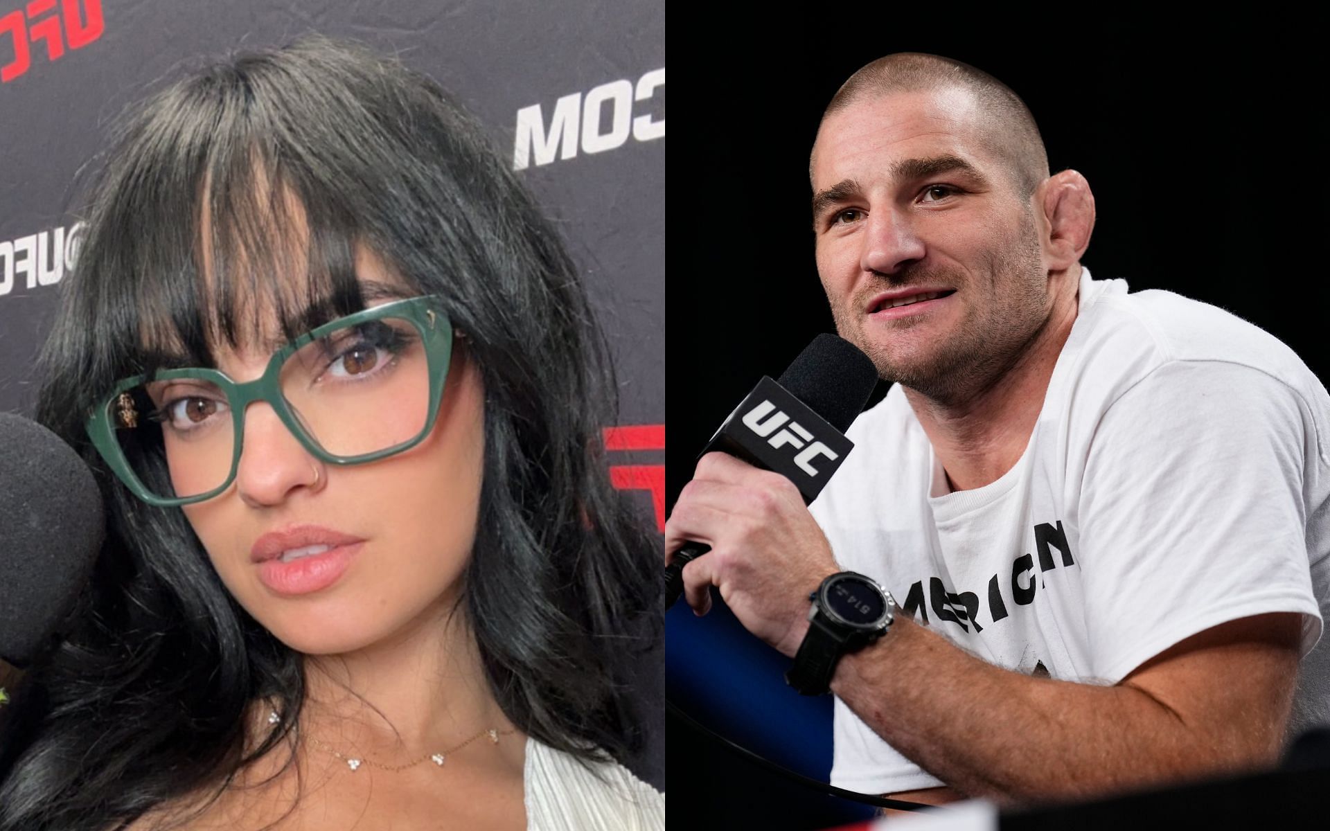 Nina-Marie Daniele (left) often films comedic segments and interviews with UFC staple Sean Strickland (right) [Images courtesy: @ninamdrama on X, and Getty Images]