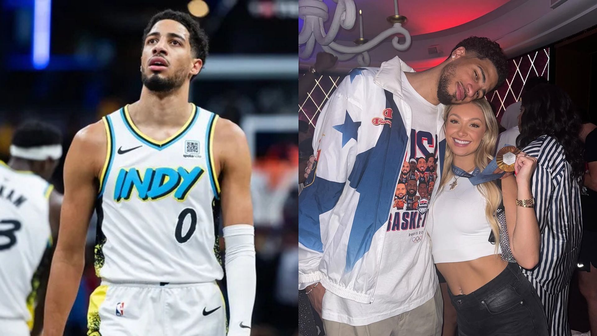 Tyrese Haliburton during a game for the Indiana Pacers, Tyrese Haliburton and Jade Jones pose for a photo. Photo Credits: Imagn, Jade Jones&#039; IG account