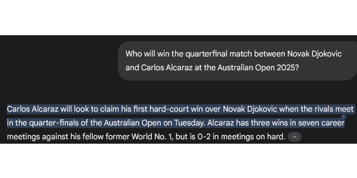 Gemini AI prediction for Novak Djokovic vs Carlos Alcaraz. (Source: Gemini AI)