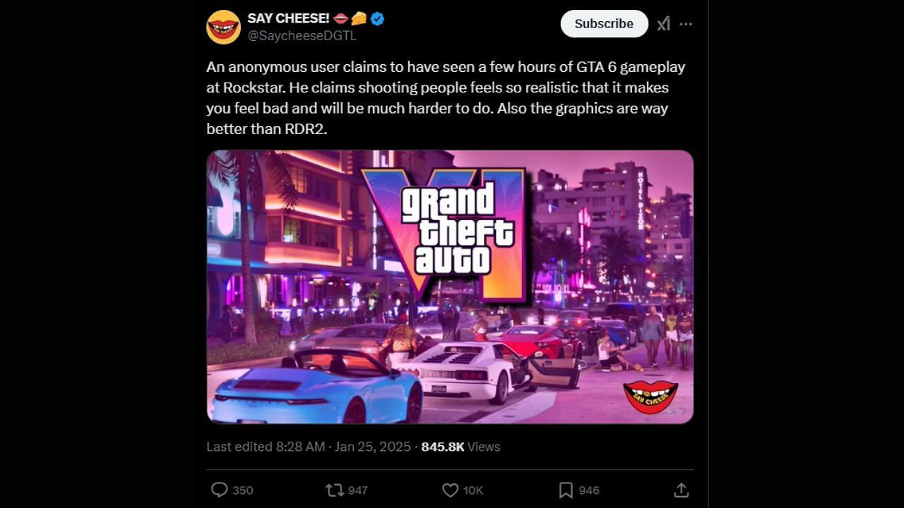 GTA 6 report on X (image via X/@SaycheeseDGTL)