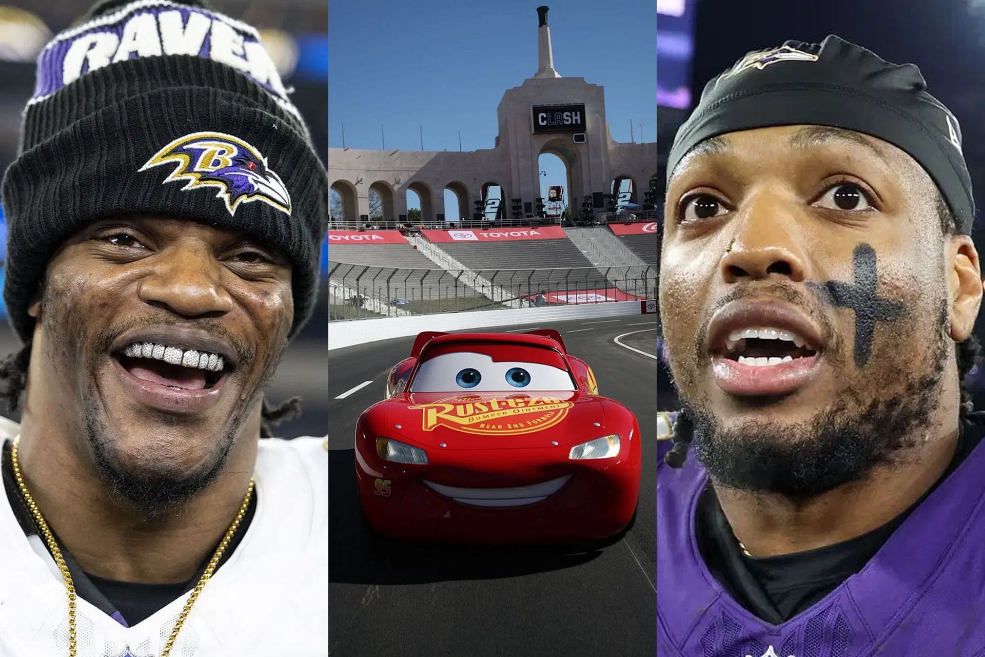 Lamar Jackson - L, Lightning McQueen  - C, Derrick Henry - R (Collage Images Credit: Getty)