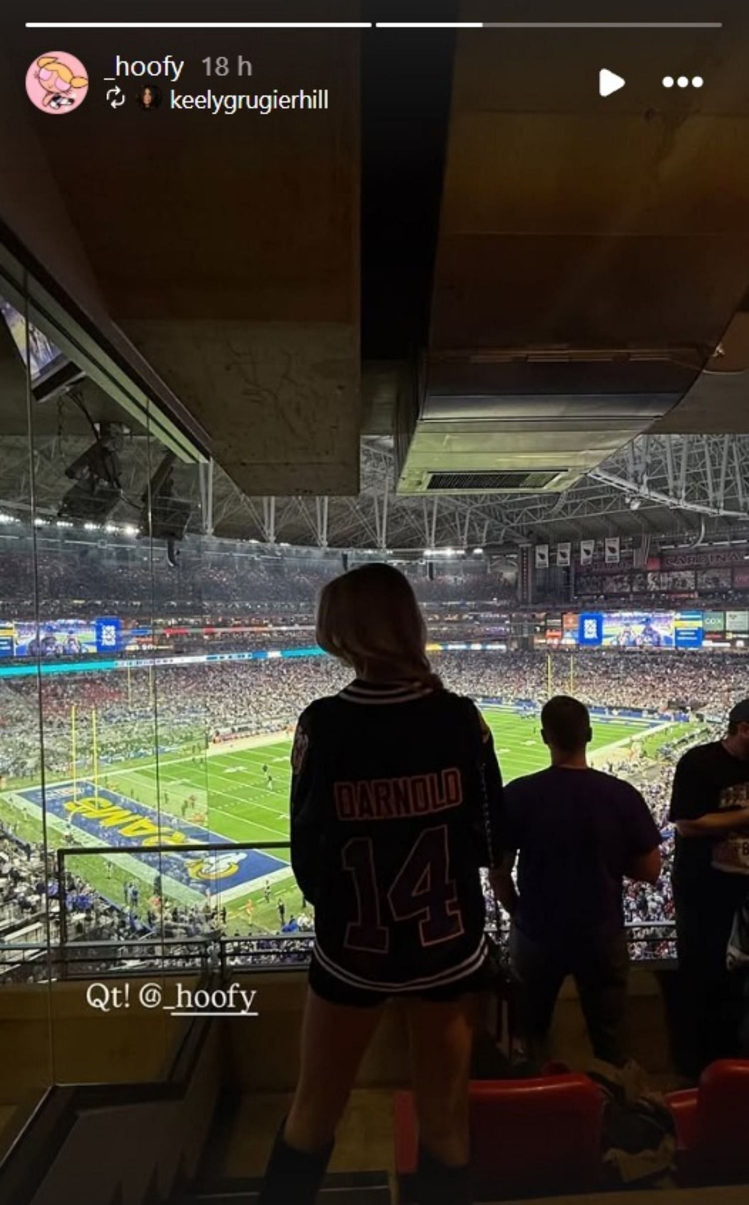 Katie Hoofnagle cheers on Sam Darnold during the Wild Card loss against the Rams