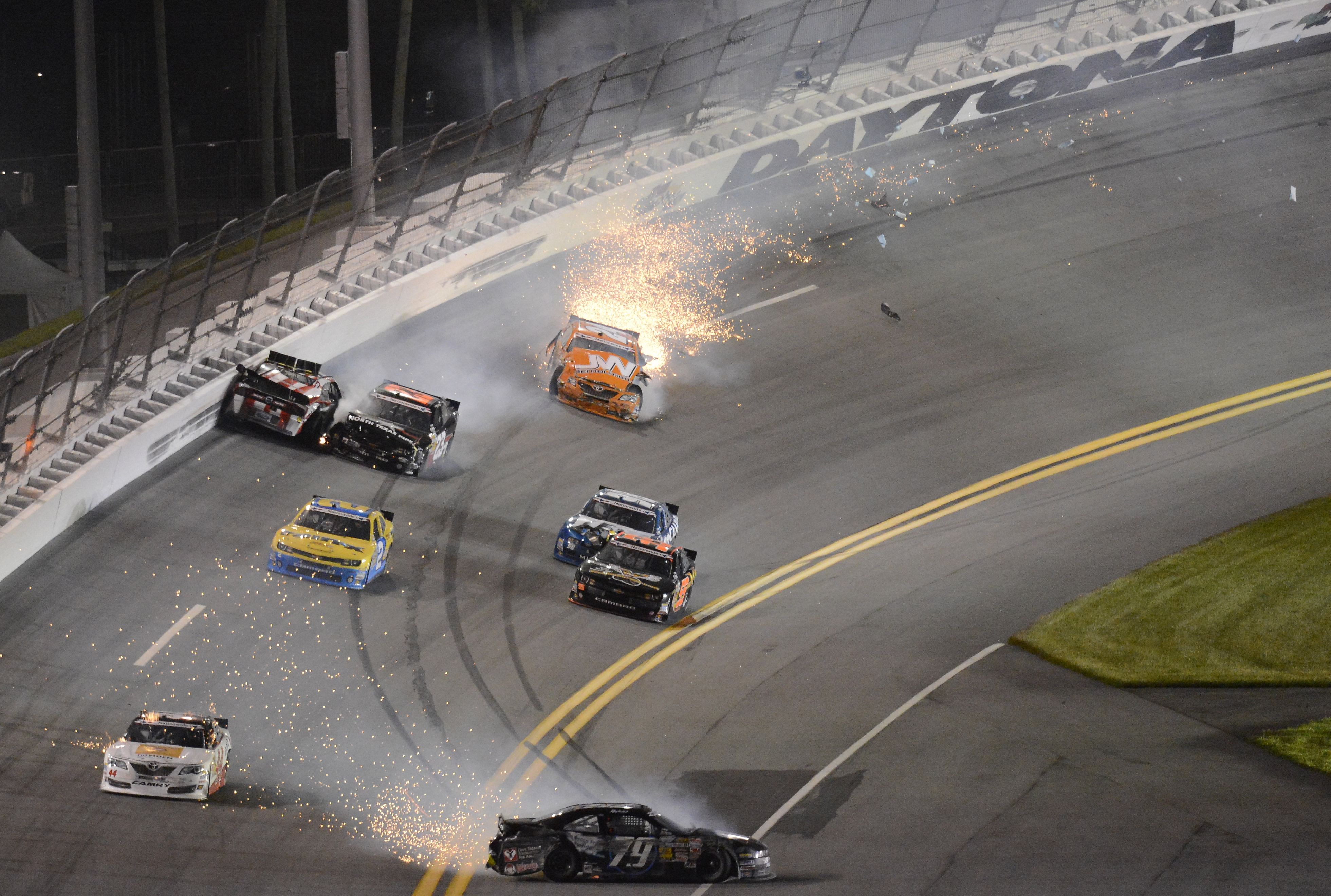 Jeffrey Earnhardt spins out off of turn four after wrecking with Travis Pastrana , Robert Richardson Jr. , Jason White- Source: Imagn