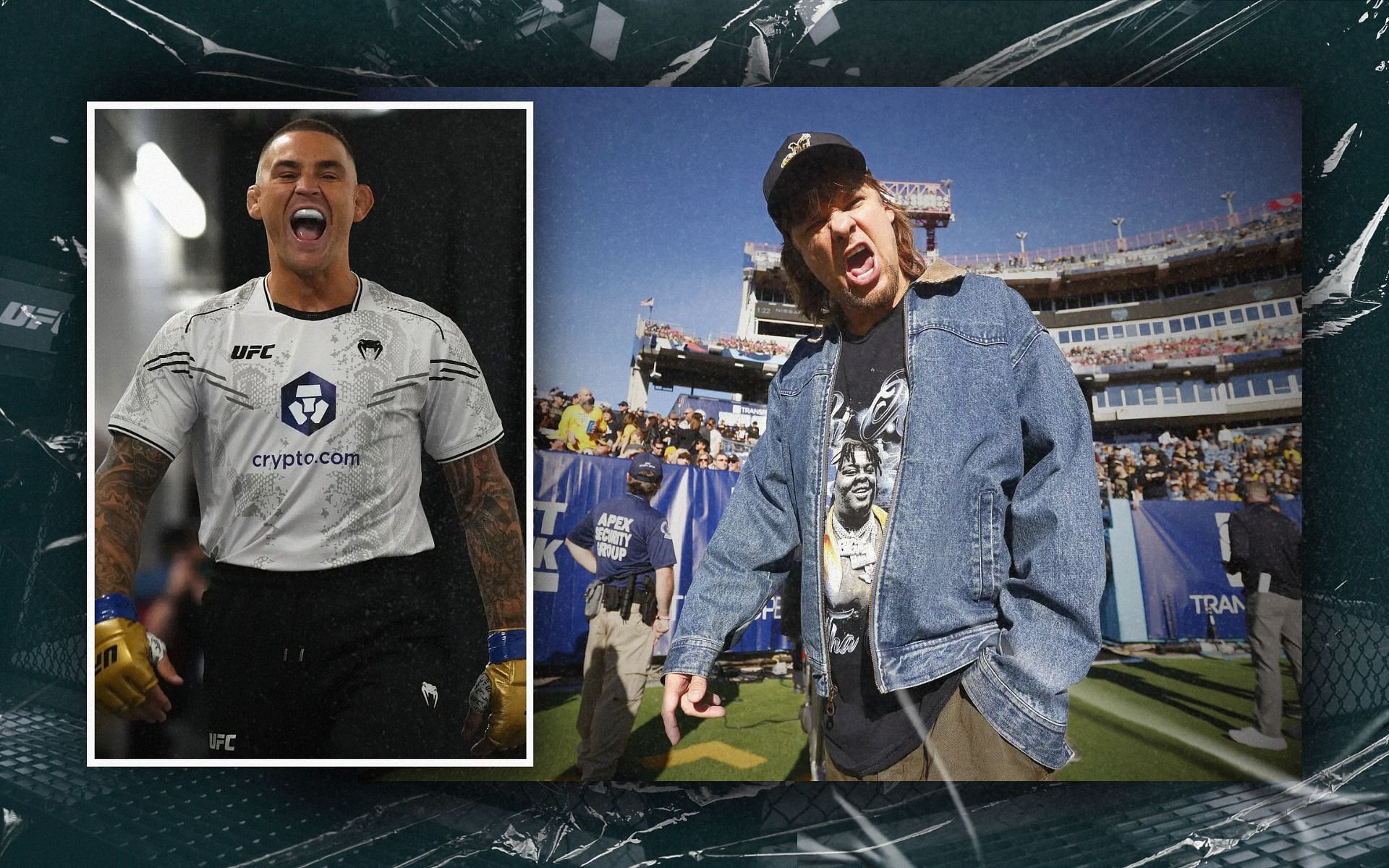 Dustin Poirier (inset) reacts to fan suggesting Theo Von (right) trying his hands on combat sports. [Images courtesy: Getty Images]