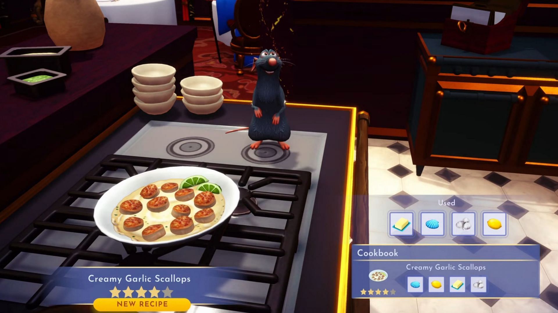 Creamy Garlic Scallops is an exciting four-star meal (Image via Gameloft || YouTube/@Greymane Gaming)