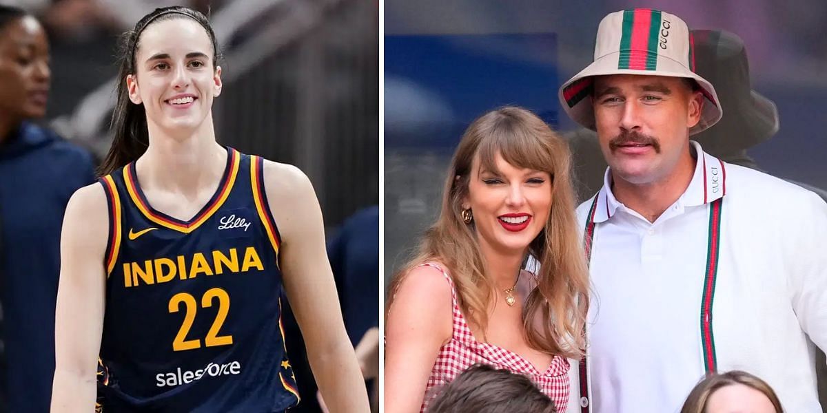 Caitlin Clark (L); Taylor Swift and Travis Kelce (R) (Image Source: Getty)