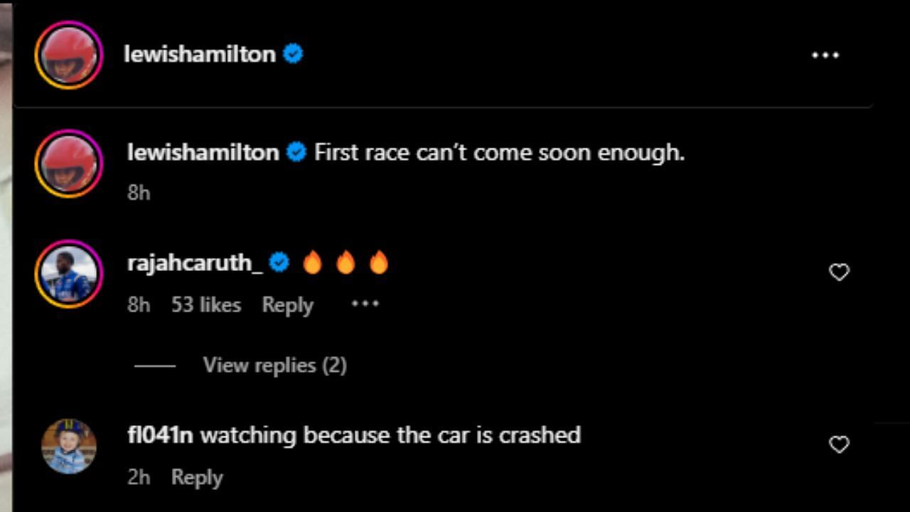 Rajah Caruth&#039;s comment on Lewis Hamilton&#039;s Instagram post - Source: @rajahcaruth_ via @lewishamilton on IG