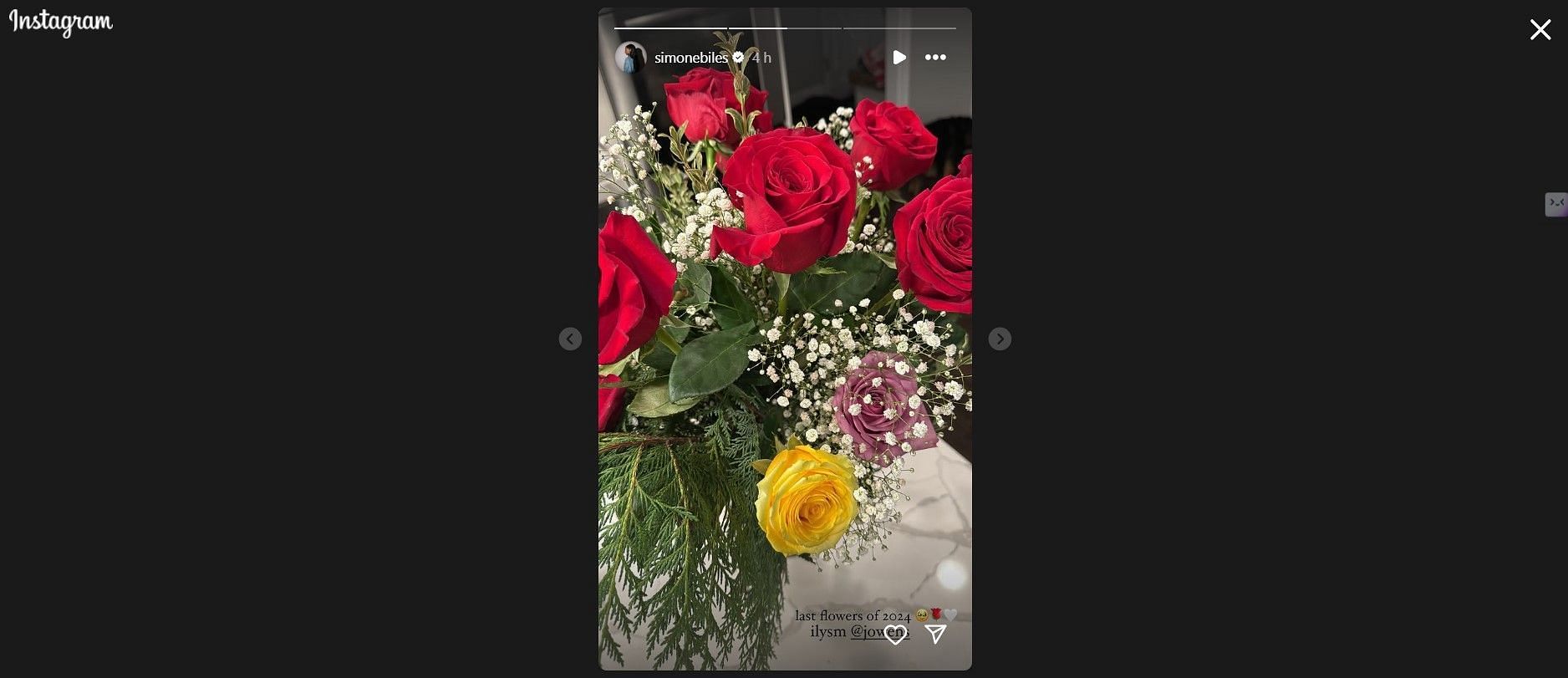 Simone Biles IG status displaying the gift from Jonathan Owens