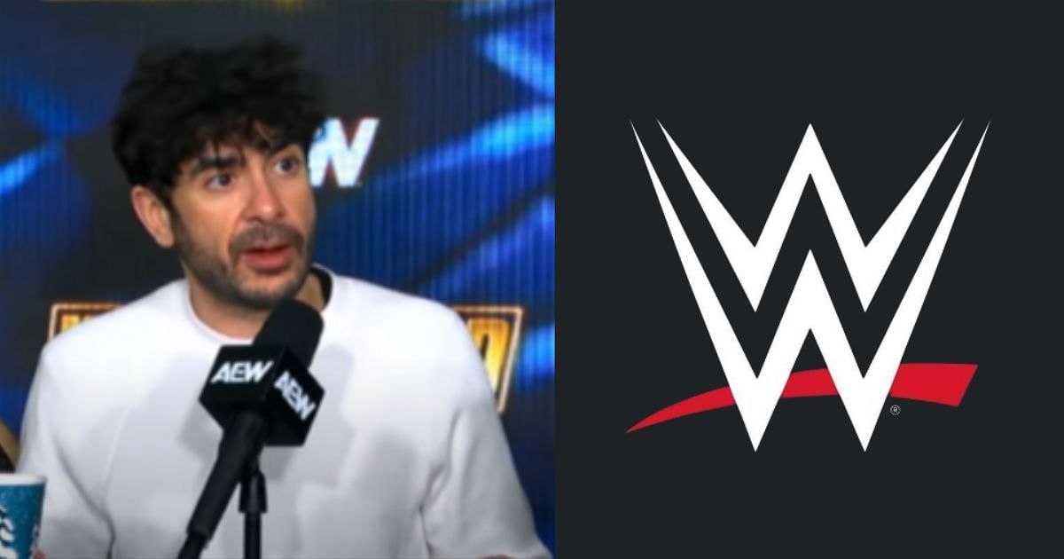 Tony Khan (left) and WWE logo (right) [Source: AEW on YouTube and WWE on X]