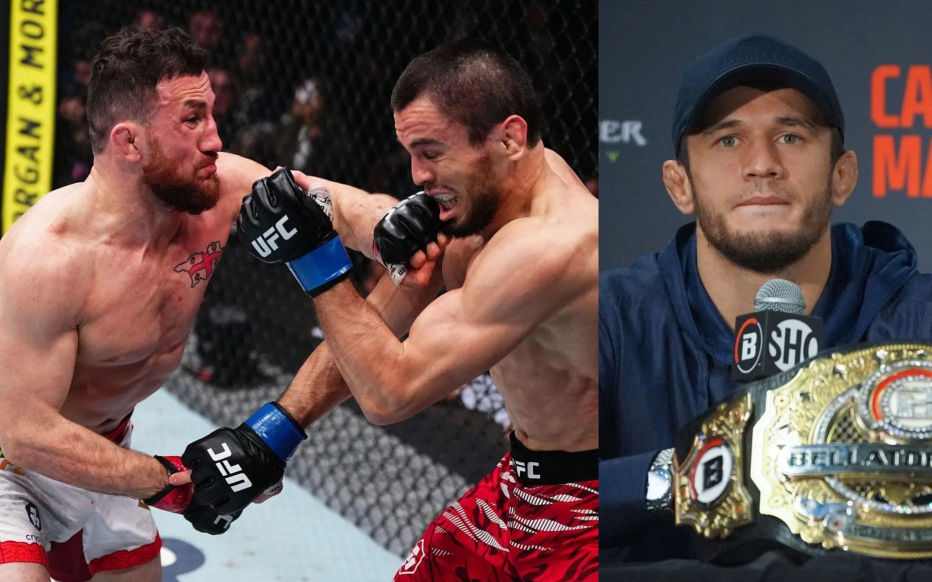 Usman Nurmagomedov (right) sends touching message to Umar Nurmagomedov (middle left) after loss to Merab Dvalishvili (far left) [Images courtesy: Getty Images]