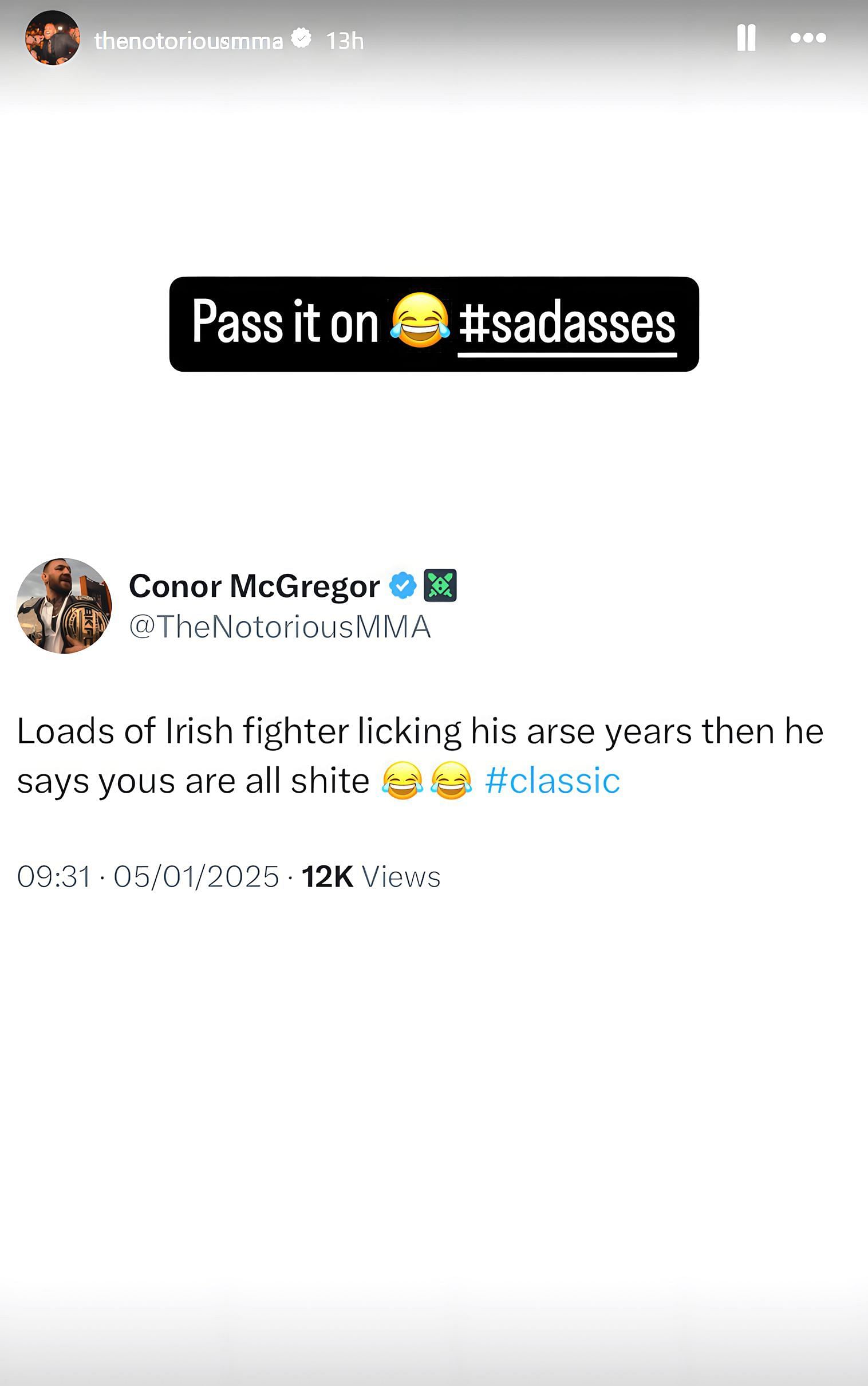 A screenshot of Conor McGregor&#039;s Instagram story