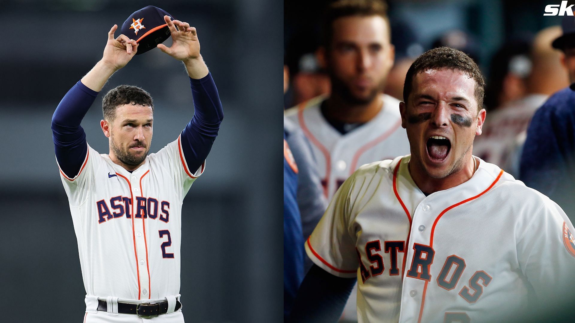 Alex Bregman of the Houston Astros celebrates with teammates in the dugout after hitting a home run against the Boston Red Sox at Minute Maid Park (Source: Getty)