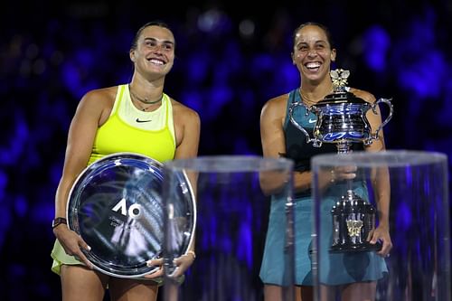 Aryna Sabalenka (L) and Madison Keys with their trophies at the 2025 Australian Open - Source: Getty