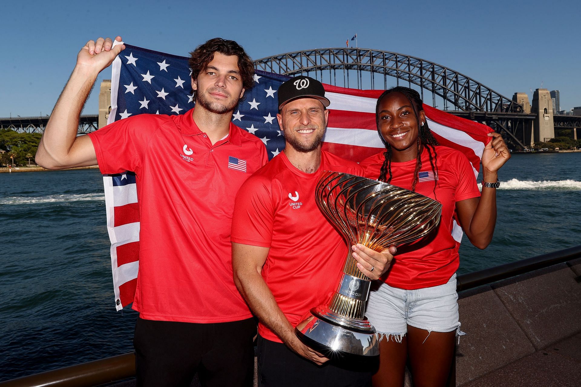 Taylor Fritz, Denis Kudla, and Coco Gauff (L-R) with the United Cup- Source: Getty