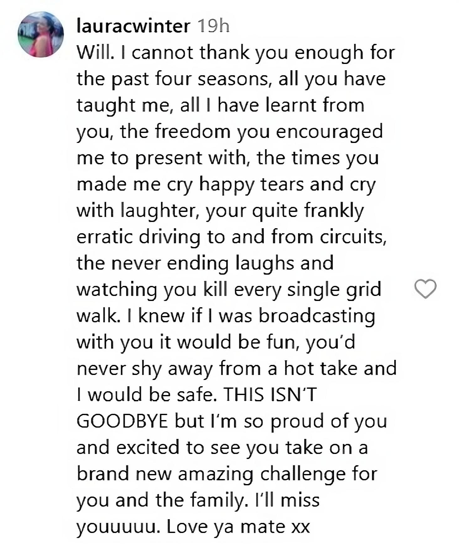 Laura Winter&#039;s comment on Will Buxton&#039;s Instagram post (@wbuxtonofficial)